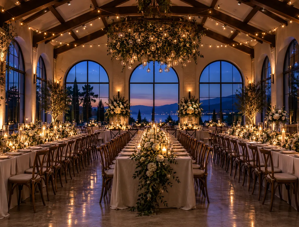 Candle-lit event hall set for a wedding dinner with arched windows